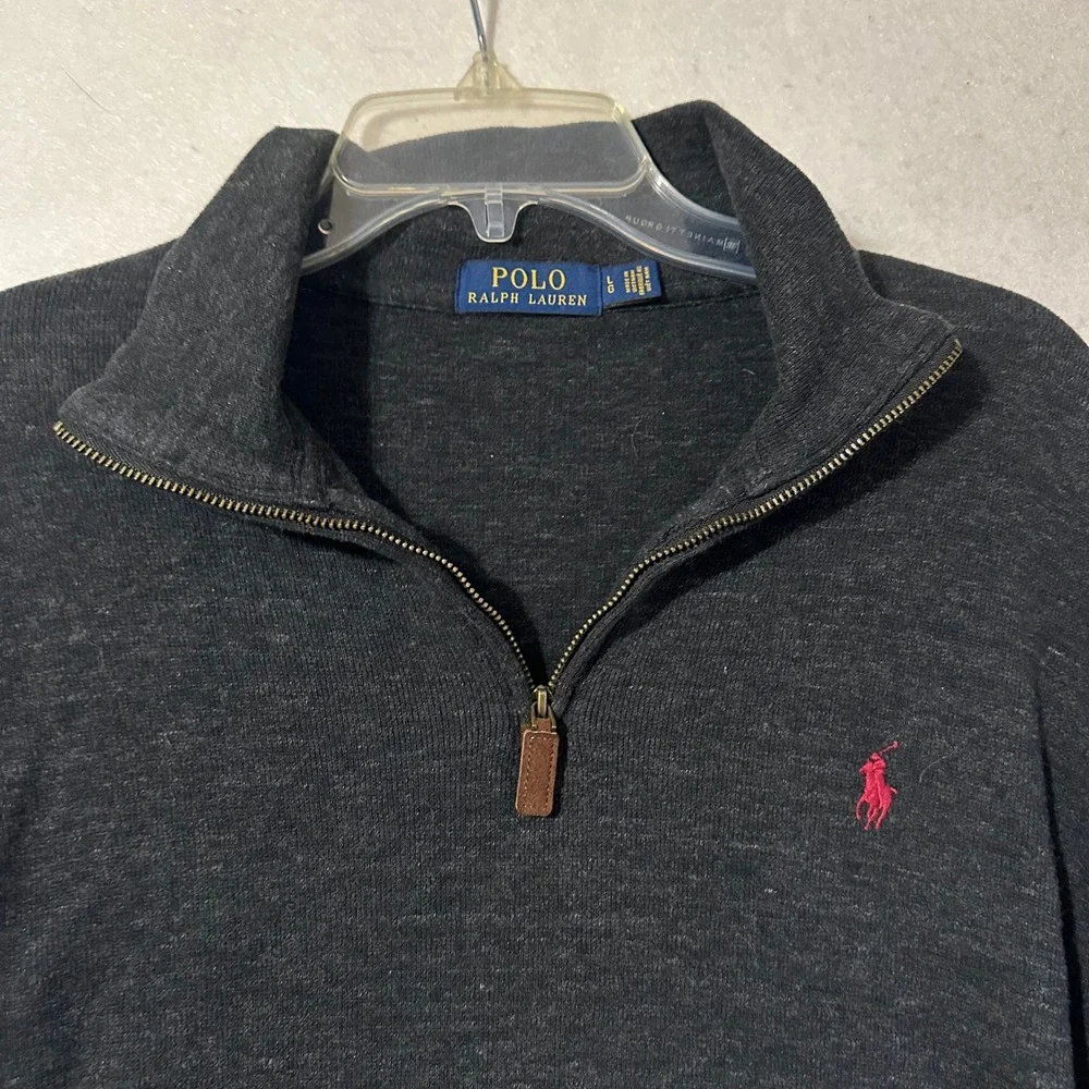 Polo Ralph Lauren Mens Large Charcoal Gray 1/4 Zip Cotton Pullover Sweater Pony